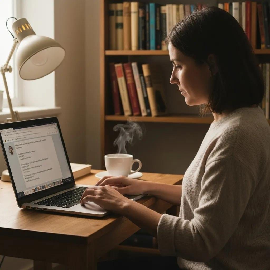 Teacher participating in an online professional development course at a cozy workspace